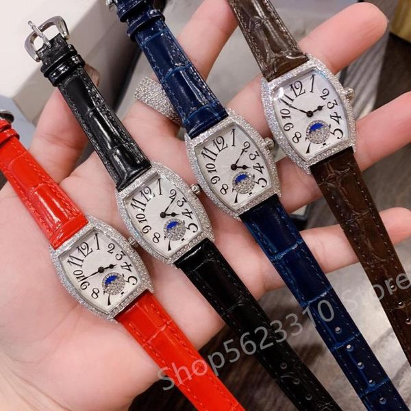 

wristwatches brand cz quartz wristwatch wine barrel women genuine leather watch fm crystal moon star dial stainless steel clock, Slivery;brown