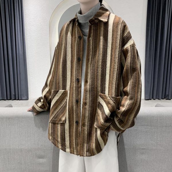 

men's wool & blends large size woolen coat men warm fashion casual oversized streetwear loose striped mens overcoat, Black