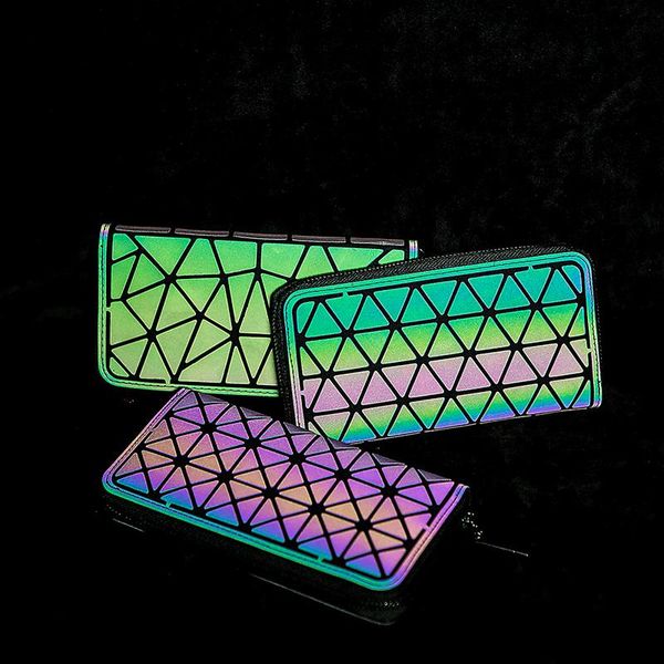 

crocrogo geometric luminous reflective wallets pu leather cell phone money bag purse ladies luxury long blingbling, Red;black