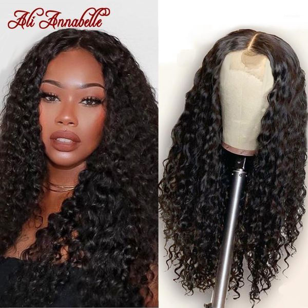 

deep wave lace closure wig 150% density human hair wigs brazilian front ali annabelle 4x4 wigs1, Black;brown