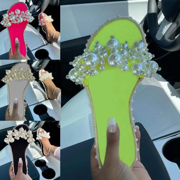 

slippers women pearl summer sandals 2021 fashion bling female candy color beach diamond flat shoes outdoor sandal, Black