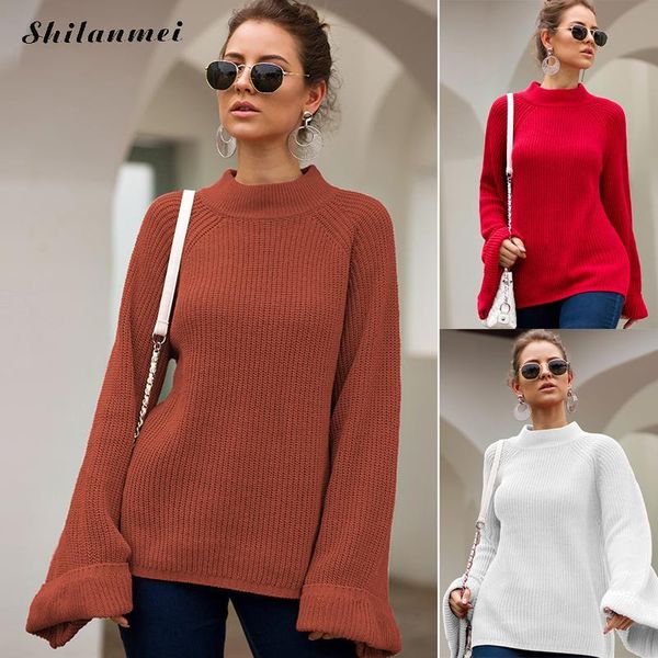 

women's sweaters 2021 autumn winter pullovers women turtleneck solid streetwear long flare sleeve casual loose knitted sweater mujer, White;black