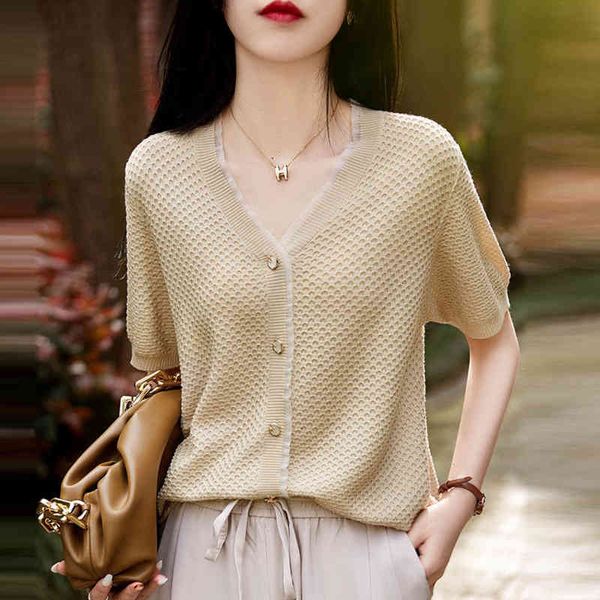 

women's knits & tees summer short sleeve knitted cartigans women korean fashion single breasted knitwear 2021 new v-neck loos, White