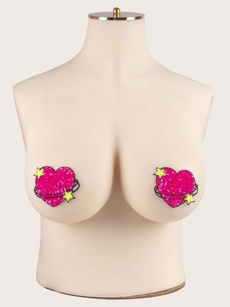 

plus contrast sequin heart shape nipple cover 63c1#, Black;white