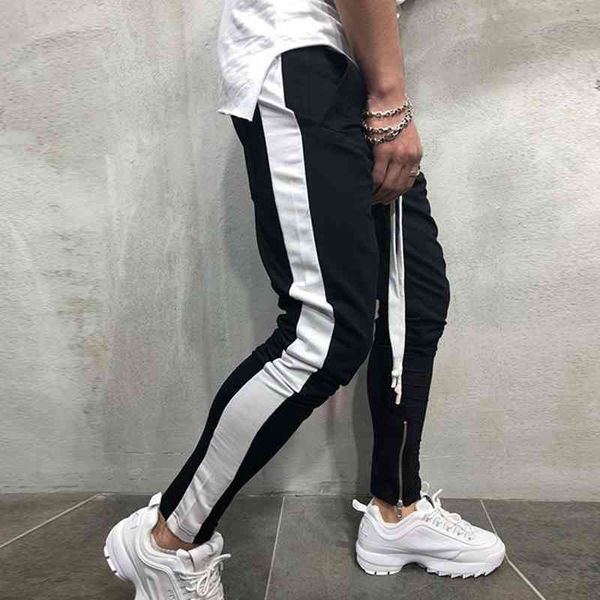 

casual pants men hip hop skinny trousers track bottom sweatpants streetwear man pant side stripe fashion mens joggers pants 210406, Black