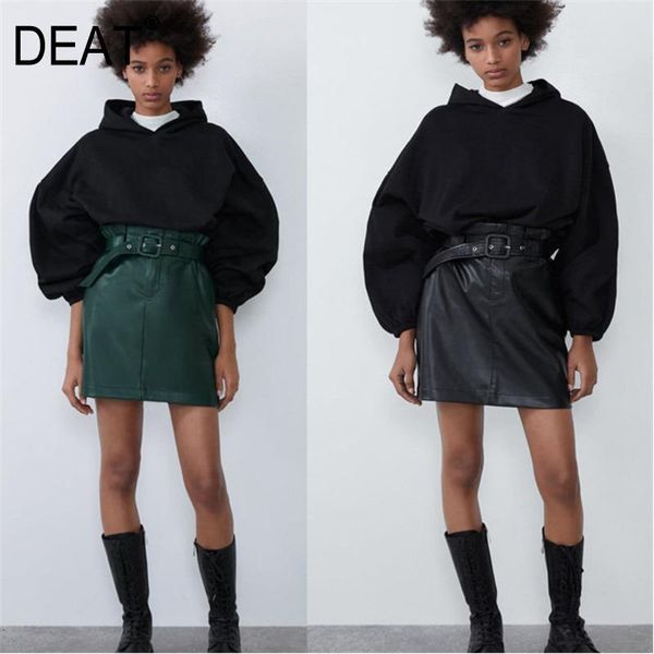 

skirts deat 2021 autumn and winter high waist with belt solid color imitation leather mini a-linepu skirt 19f-a248, Black