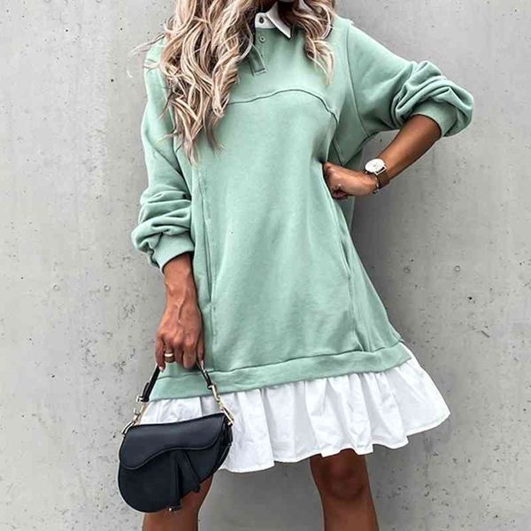 

casual dresses women autumn loose sweatershirt winter long sleeve pleated shirt polo collar female patchwork hoodies rfg6, Black;gray
