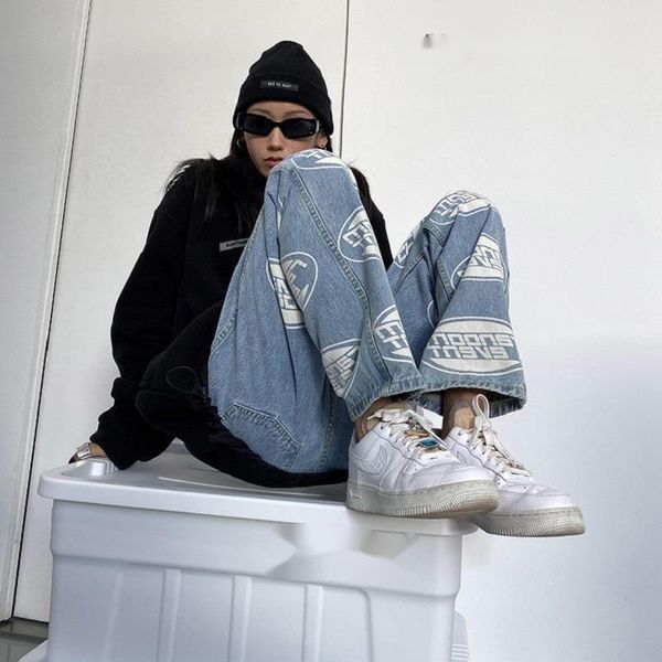 

women's jeans nightwa summer vintage woman long trousers cowboy female loose streetwear letter printing high street harajuku, Blue