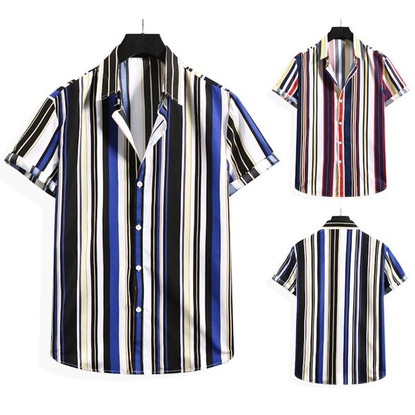 

men's casual shirts 2021 summer men shirt fashion striped printed turn down collar loose button short sleeve traf, White;black