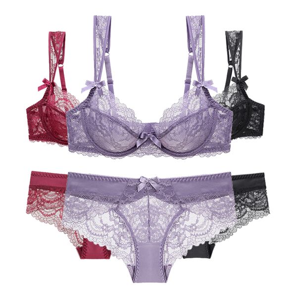 

fashion transparent lingerie set lace brassiere plus size embroidery women underwear purple ladies bra and panties sets red, Red;black