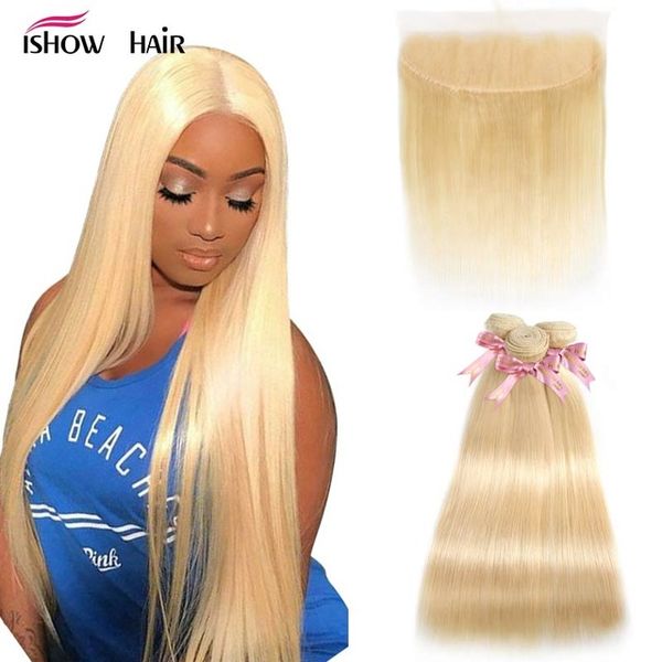 

ishow brazilian straight human hair bundles extensions 3pcs with lace frontal closure 613 blonde color wefts weave for women all ages, Black