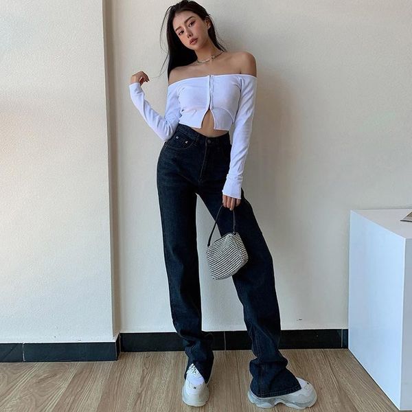 

women's jeans pants straight leg women high waist slim loose autumn winter casual split washed mom fashion trousers, Blue