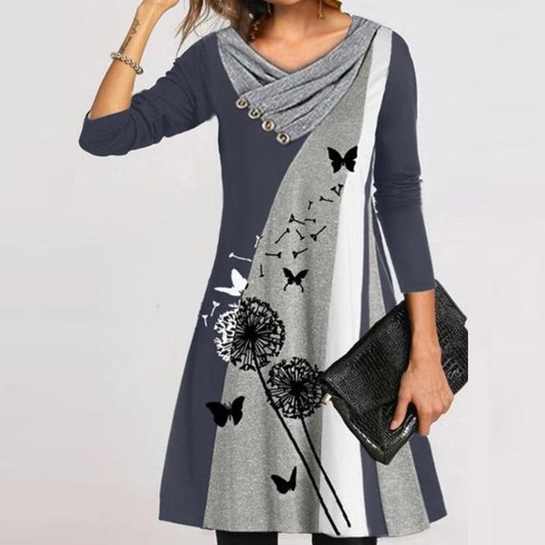 

women's dress loose butterfly print black and gray color matching stitching button double-layer long-sleeved r2 casual dresses, Black;gray