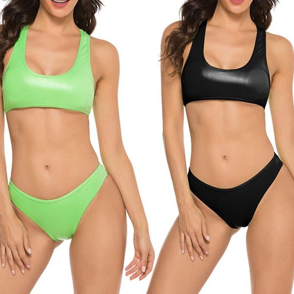 

women shiny bikini split swimsuit with u-neck, high waist design backless summer clothing two-piece suits