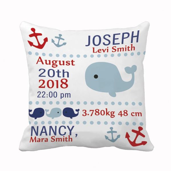 

custom kid cushion cover cute blue whale anchor pillow polyester cotton linen child case boy and girl birth stats cushion/decorative