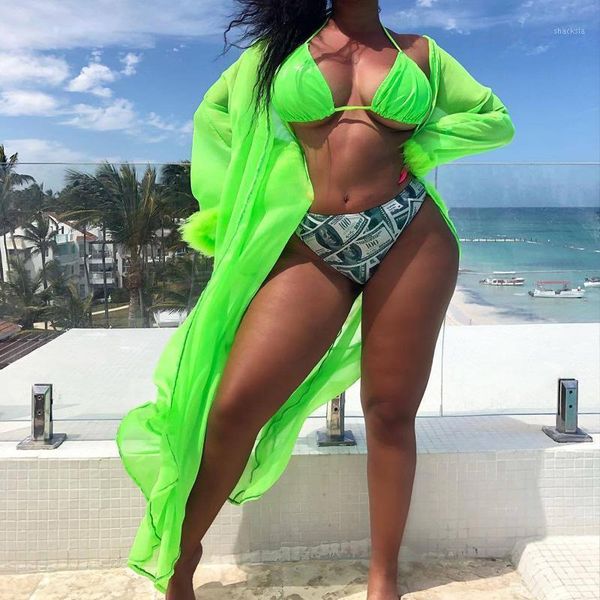 

fur stitching beach cover up bathing suit three piece set swimwear women fluorescent green dollar print sunscreen tunic women's tracksu, Gray