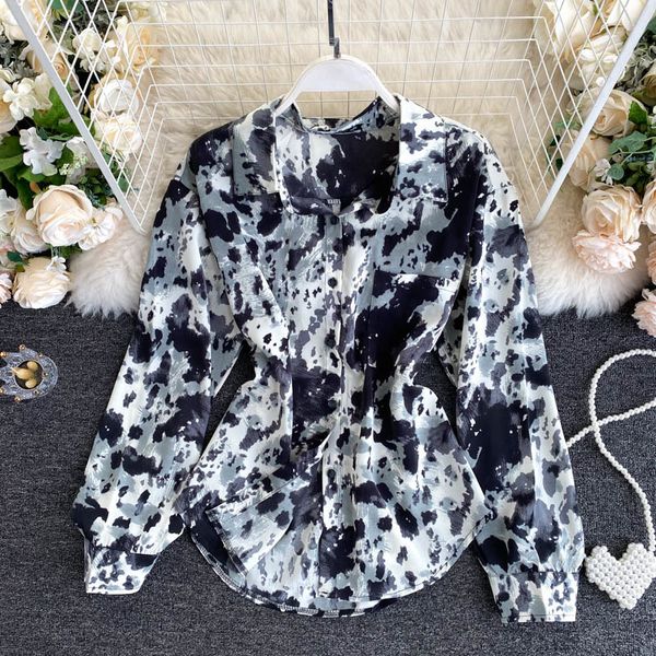 Женщины осенью камуфляж печатают блузку корейских простых элегантных офисных вершин моды с разворотом Chic Streetwear Blouse 210419