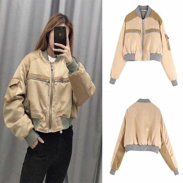 

women's jackets 2021 autumn and winter all-match silk texture short pilot fashion jacket, Black;brown