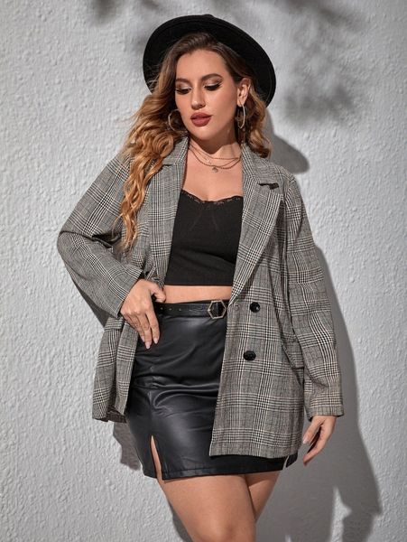 

plus glen plaid lapel neck double breasted overcoat q25j#, Black
