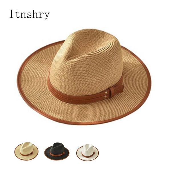 

wide brim hats 2021 fashion women men summer panama hat big side sun with brown ribbon beach straw uv protection holiday cap, Blue;gray