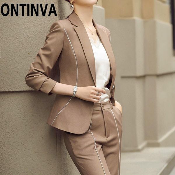 

khaki black slim fit white stripe blazer jackets for women office work wear autumn fall fashion one button blaser outwear women's two p