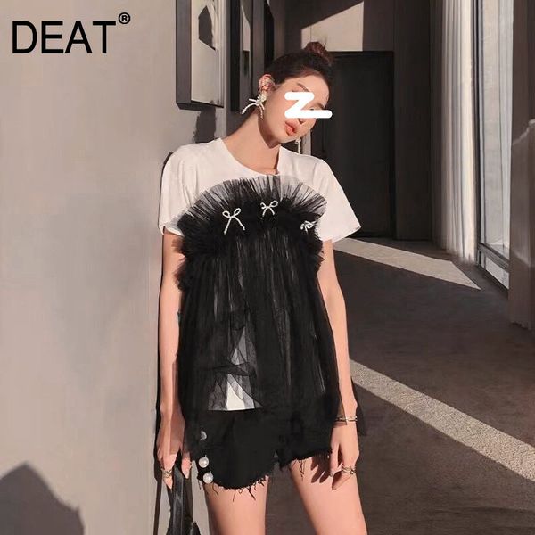

fake two piece women white patchwork gauze t-shirt round neck short sleeve slim fit fashion tide summer 7d0885 210421