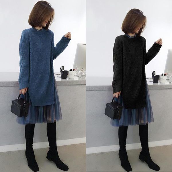 

women's sweaters spring women knitting sweater dresses office ladies pullovers o neck long sleeves loose casual, White;black