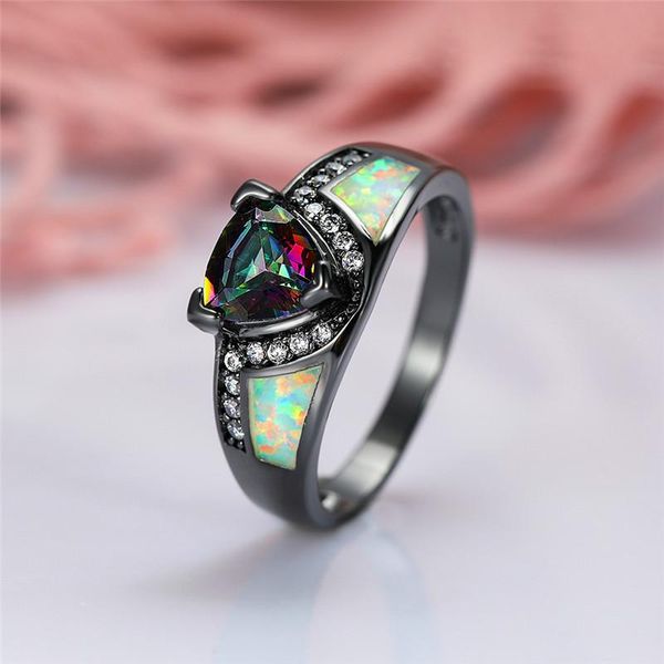 

wedding rings white fire opal engagement promise ring cute female rainbow triangle stone vintage charm black gold for women, Slivery;golden