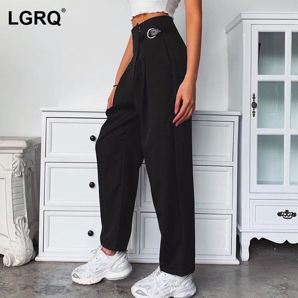 

[lgrq] high elastic waist black sashes casual blazer trousers loose fit pants women fashion tide spring autumn 2021 19d233 women's & ca, Black;white