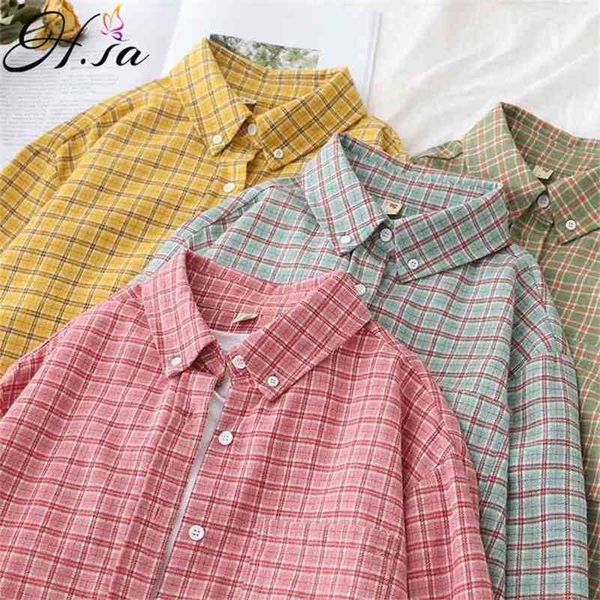 

hsa casual plaid summer shirts turn down collar yellow pink vintage blusas long sleeve formal chic spring 210430, White