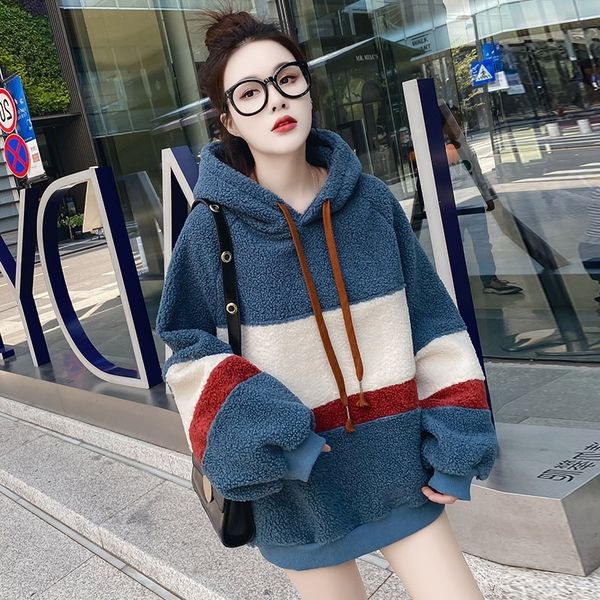 

hoodies lamb wool sweater women's autumn and winter 2021 korean loose plush thickened hoodie jacket, Black