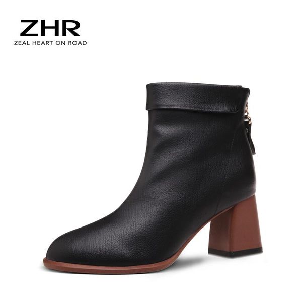 

boots 2021 women high heels chunky white platform ankle with fur plush soft leather zip block scarpins shoes beige, Black