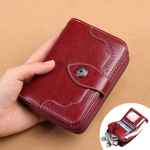 

wallets genuine leather women's short wallet zip vintage, Red;black