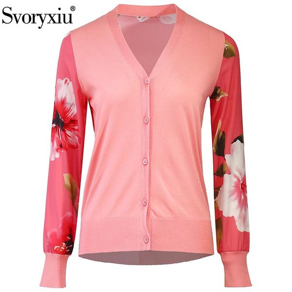 

women's knits & tees svoryxiu designer elegant summer knitting cardigan v-neck red camellia silk print thin sweater coat, White