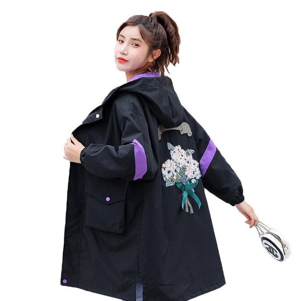 

women's trench coats mid-lengthtrench coat women casual loose female outerwear windbreaker spring autumn embroidery flowers hooded stu, Tan;black
