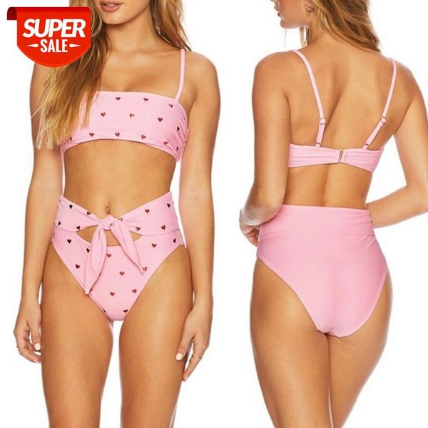 

women high waist bandage bikini heart print swimsuit bandeau swimwear female bathing suit biquini summer beachwear #137k, White;black