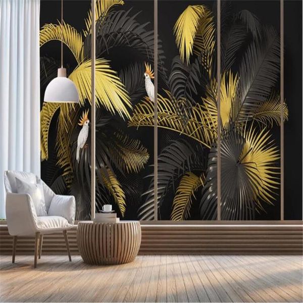 

milofi wallpaper mural nordic simple light luxury hand-painted tropical plants leaves parrot background wall decoration painting wallpapers
