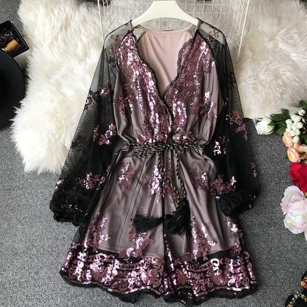 

women's jumpsuits & rompers 2021 spring women mesh yarn sequins embroidery long sleeve gauze wide-legging playsuits ladies romper v-nec, Black;white