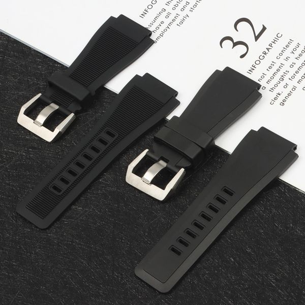 Schwarzes Gummi-Silikon-Uhrenzubehör-Band für Bell Ross-Armband BR01-Armband Herren 34 mm x 24 mm Uhrenarmband mit Dornschließe