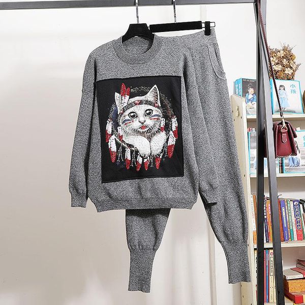 

spring autumn sequins cartoons knitted tracksuit outfits women 2pc loose knit pullover sweater pencil trousers casual set female women', White