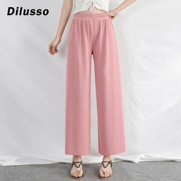 

women's pants & capris 2021 summer high waist casual straight women female elastic loose knitted wide leg trousers#d3, Black;white