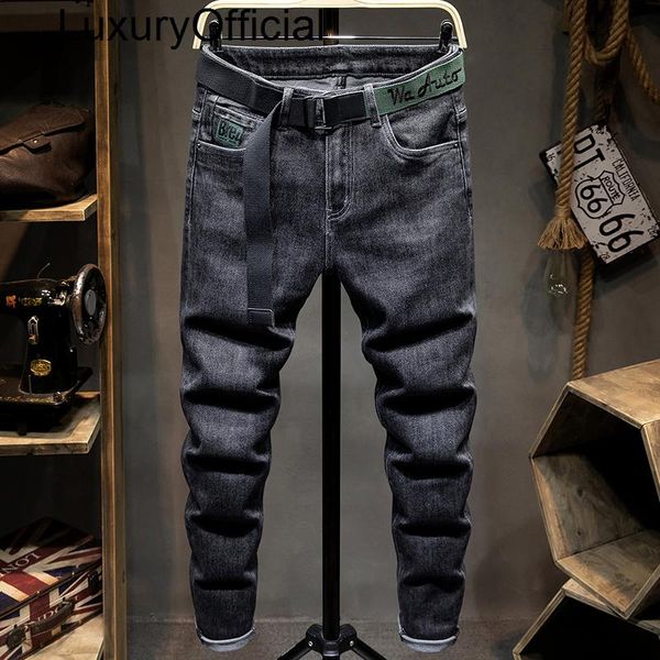

men's jeans spring autumn fashion brand elastic slim pants embroidered work, Blue