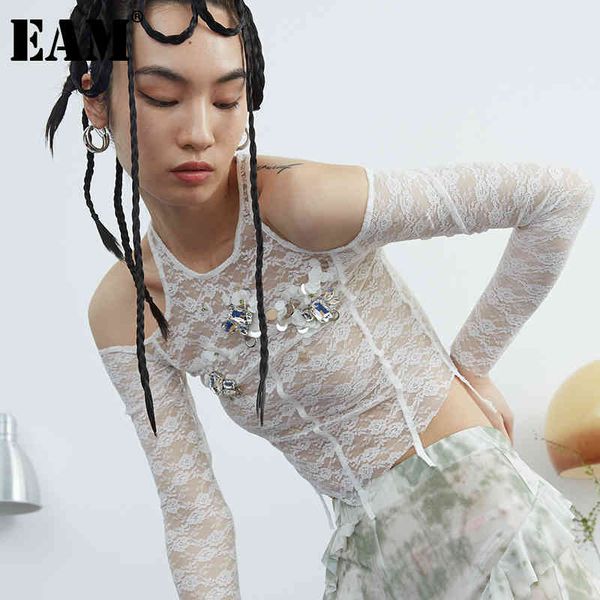 

[eam] women white lace off shoulder short slim shining t-shirt round neck long sleeve fashion spring summer 1 dd7420 21512