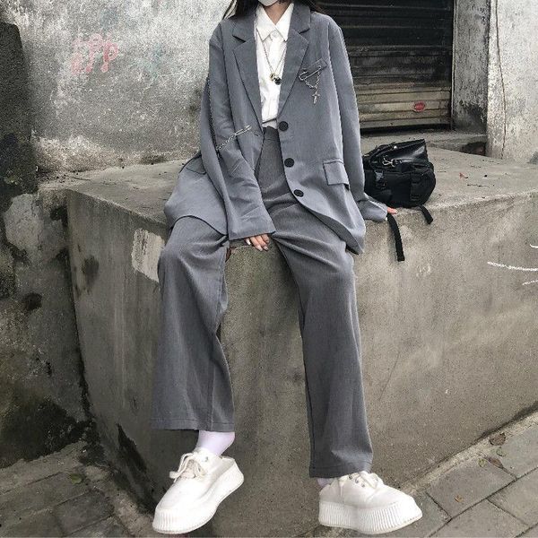 

women's two piece pants 2021 [three suit] grey suit coat + white bottomed shirt straight casual commuter fashion