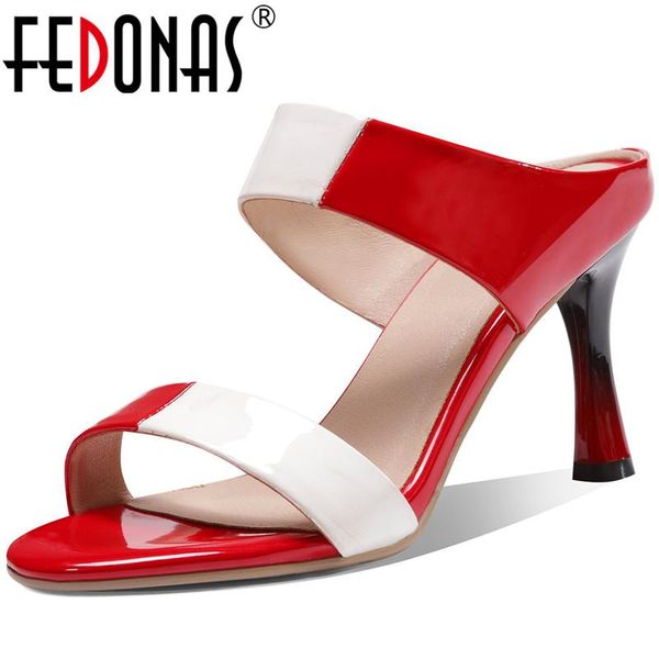 

women sandals patent leather 2021 summer fashion high heeled slip on pointed toe arrival shallow shoes woman, Black