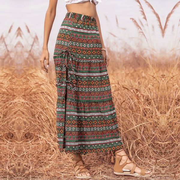 

printed skirt ethnic style lace-up waist split skirts, Black