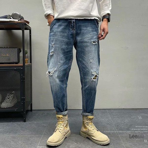 

men's jeans streetwear loose vintage straight ripped denim pants hole casual slim homme hip hop man trouasers, Blue