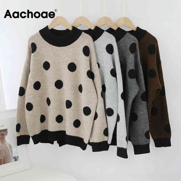 

aachoae women casual dot knitted sweater o neck loose batwing long sleeve jumper soft basic pullover ladies sueter mujer 210413, White;black