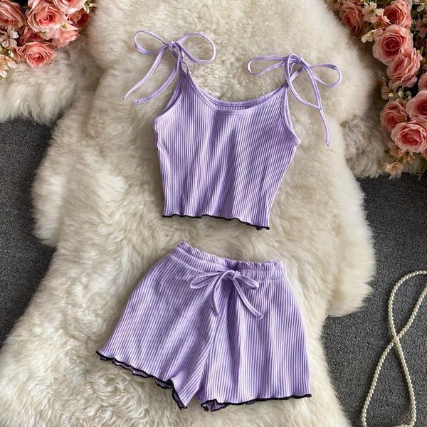 

sleeveless slimming bow tie suspenders short vest high waist drawstring shorts wooden ear leisure two-piece summer women's tracksuits, Gray