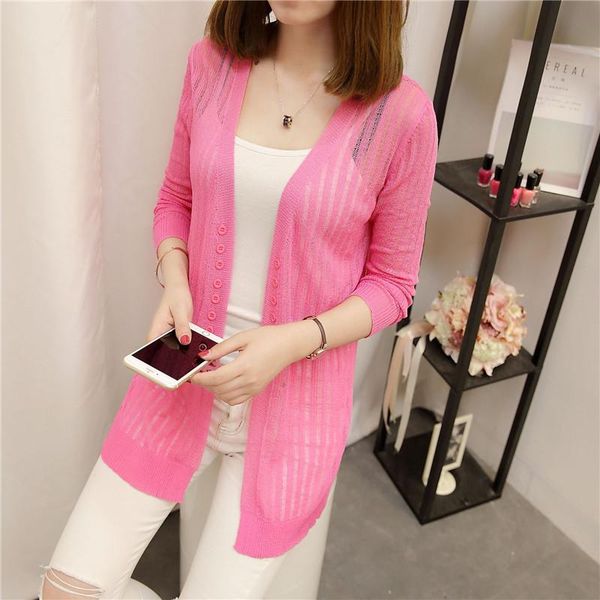 

women's knits & tees 33 women in the long summer color female double button cardigan coat sunscreen clothing f1765, White